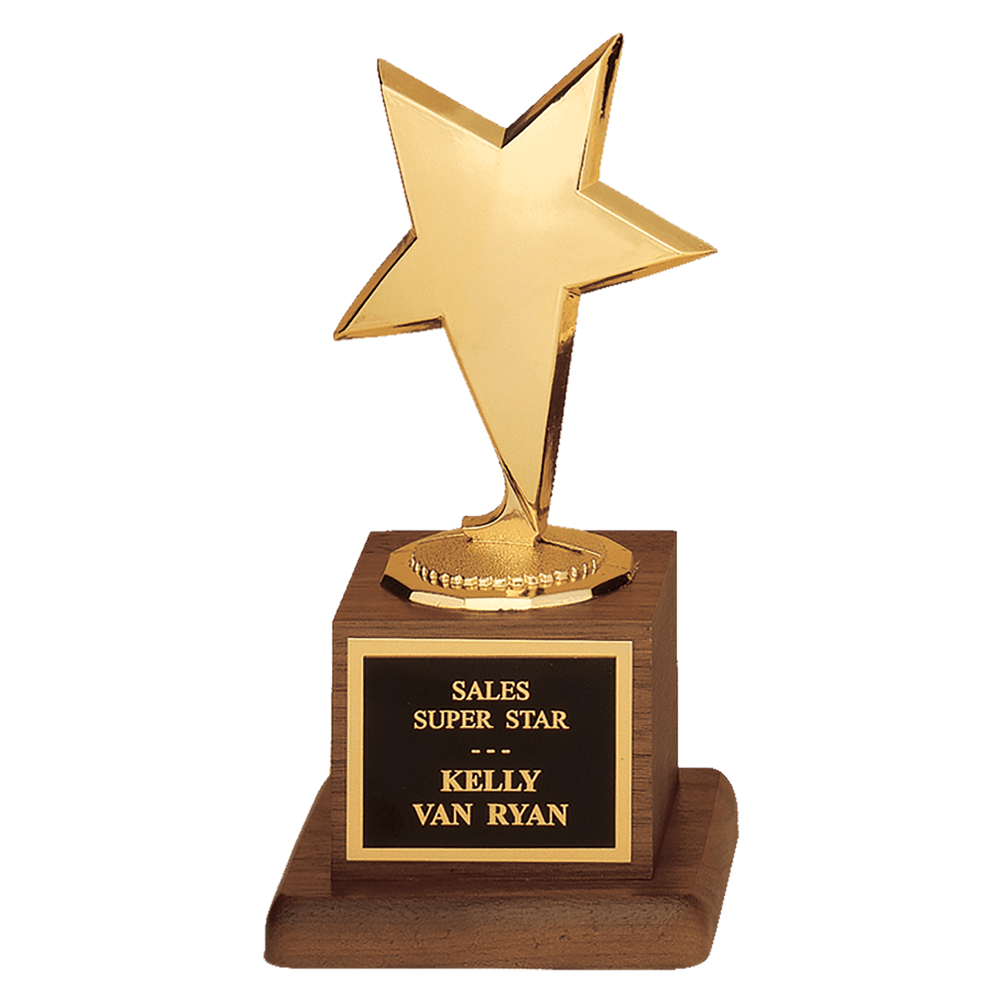 3 1/2" x 6 3/4" Modern Star Casting in Goldtone Finish on Walnut Finish Base with Black Laserable Plate