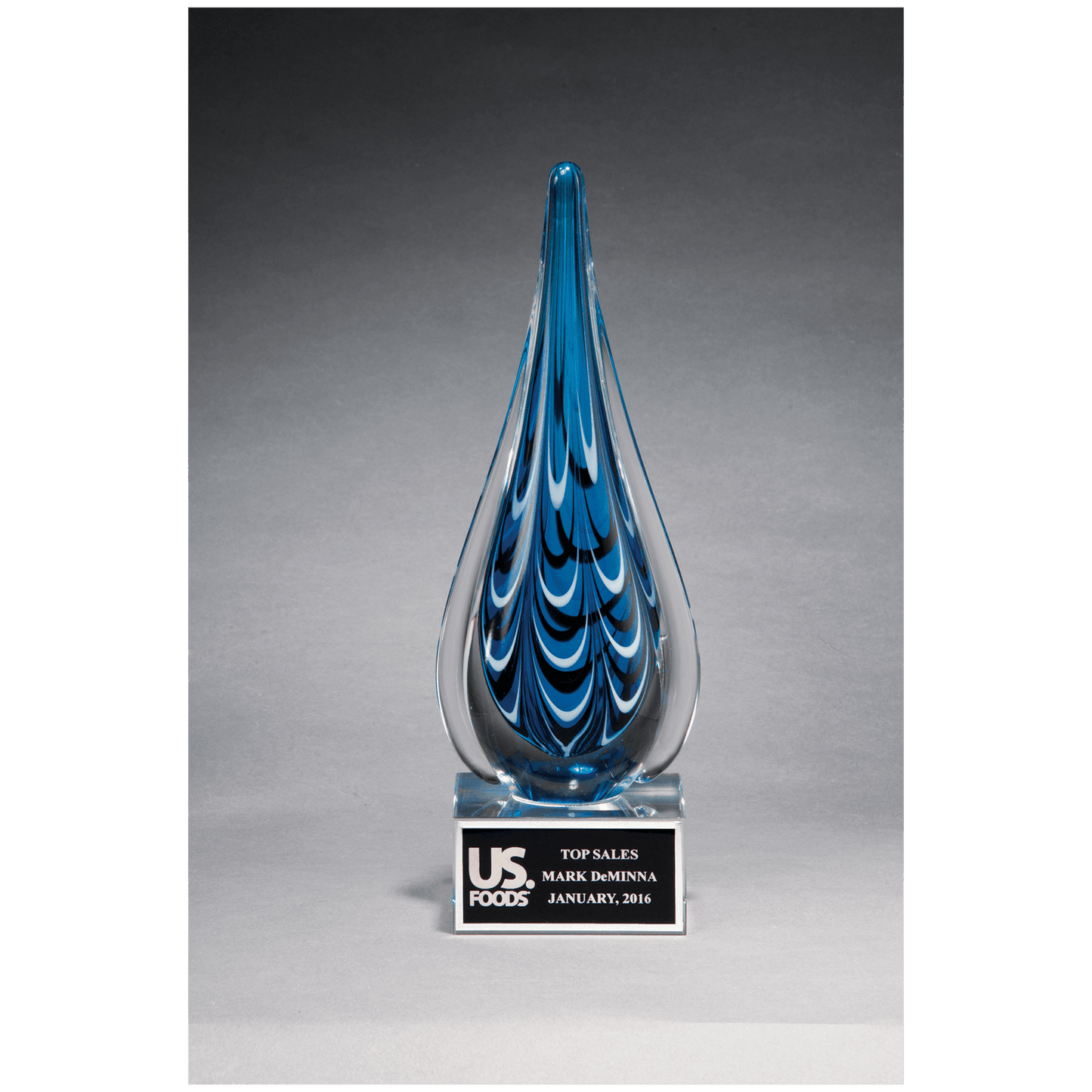 Blue and Black Teardrop Art Glass on Clear Glass Base with Black 10" Laserable Aluminum Plate