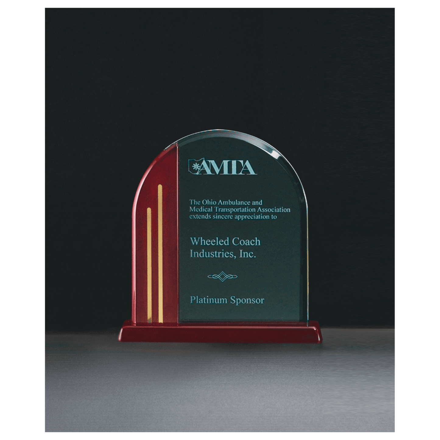 7 1/2" x 7 7/8" Arch Series Jade Acrylic with Rosewood Piano Finish Base, Gold Metal Accents