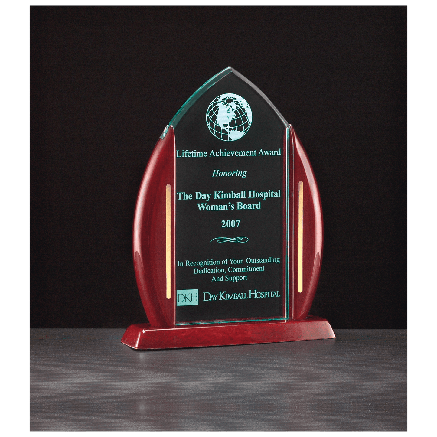 7 1/2" x 9 5/8" Flame Jade Acrylic with Rosewood Piano Finish Base and Posts, Gold Metal Accents