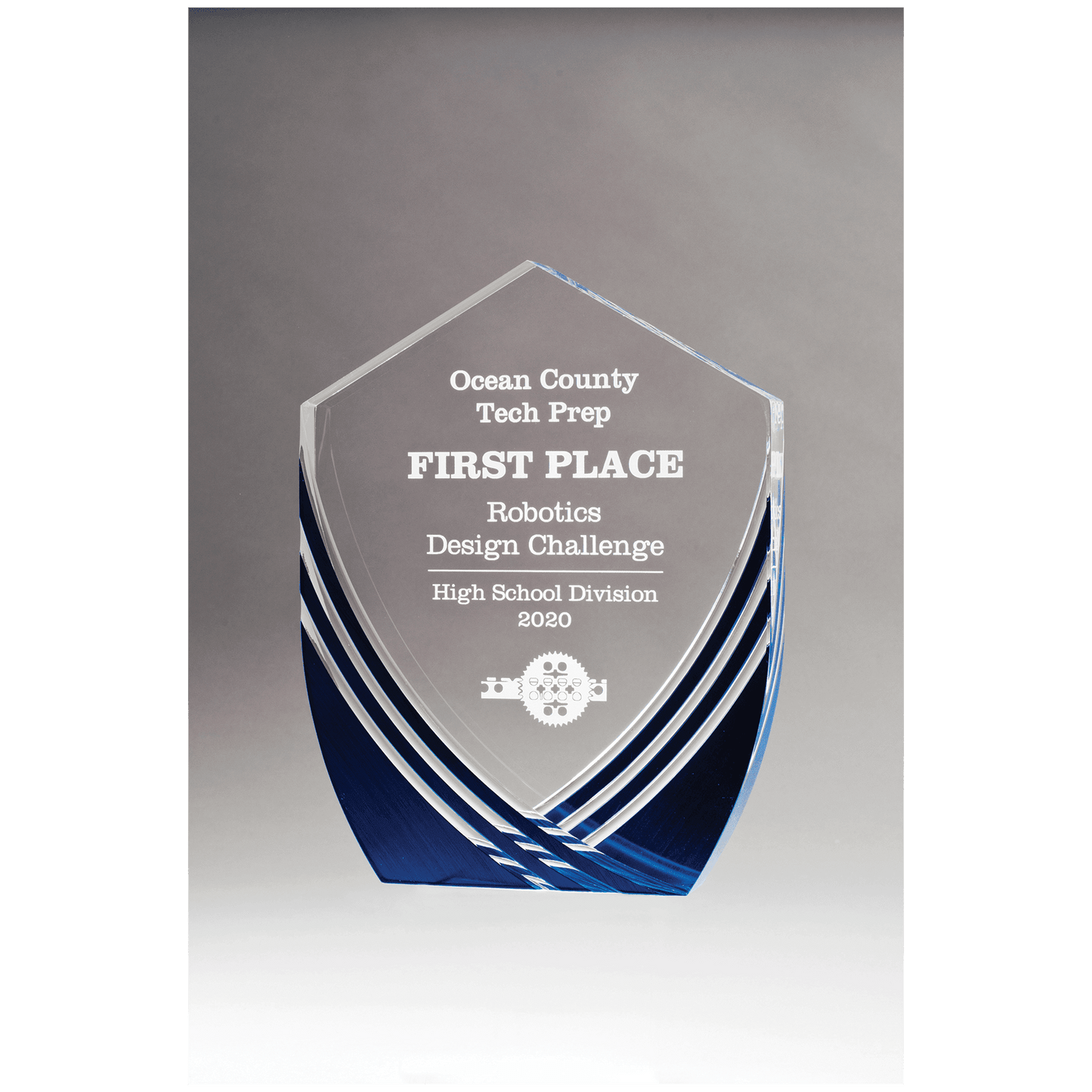 7 3/8" x 9 1/2" Shield Series Clear Acrylic with Polished Score Lines and Blue Metallic Accent