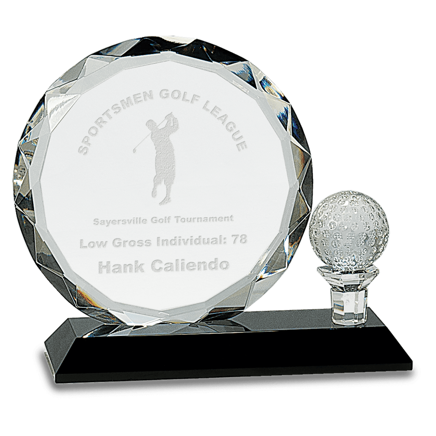 6 1/2" Round Facet Crystal with Golf Ball on Black Pedestal Base