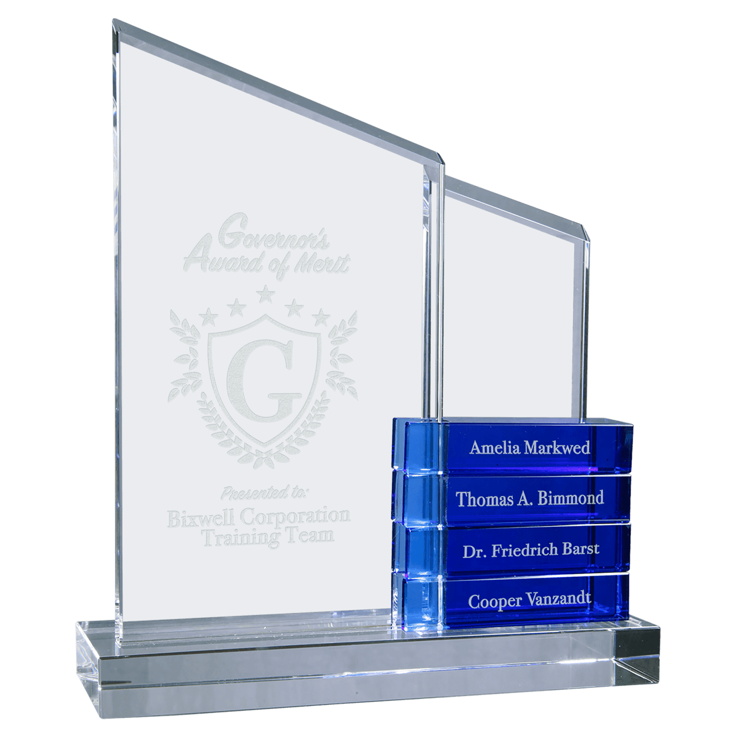 8" x 9" Crystal Perpetual Standup Plaque with 4 Blue Crystal Blocks