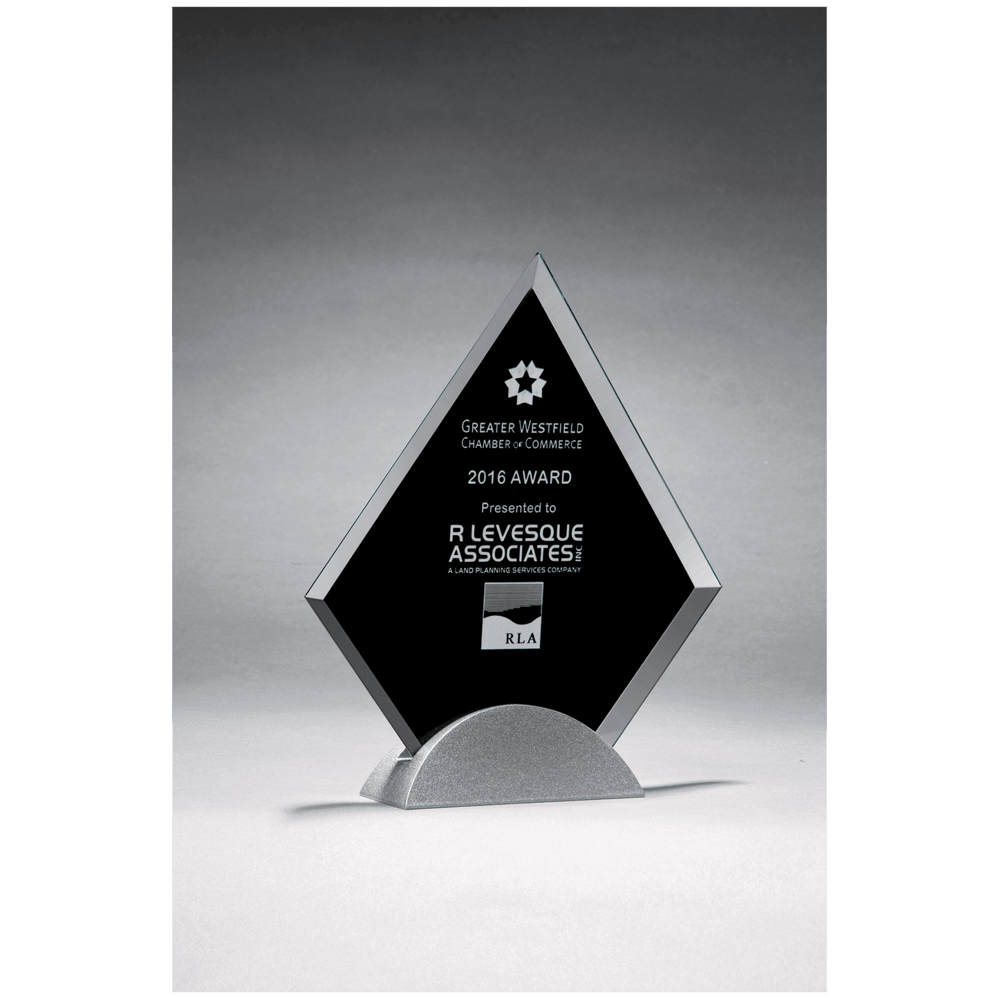 7 1/8" x 8 1/4" Diamond Shaped Glass Award, Black Silkscreen on Silver Metal Base