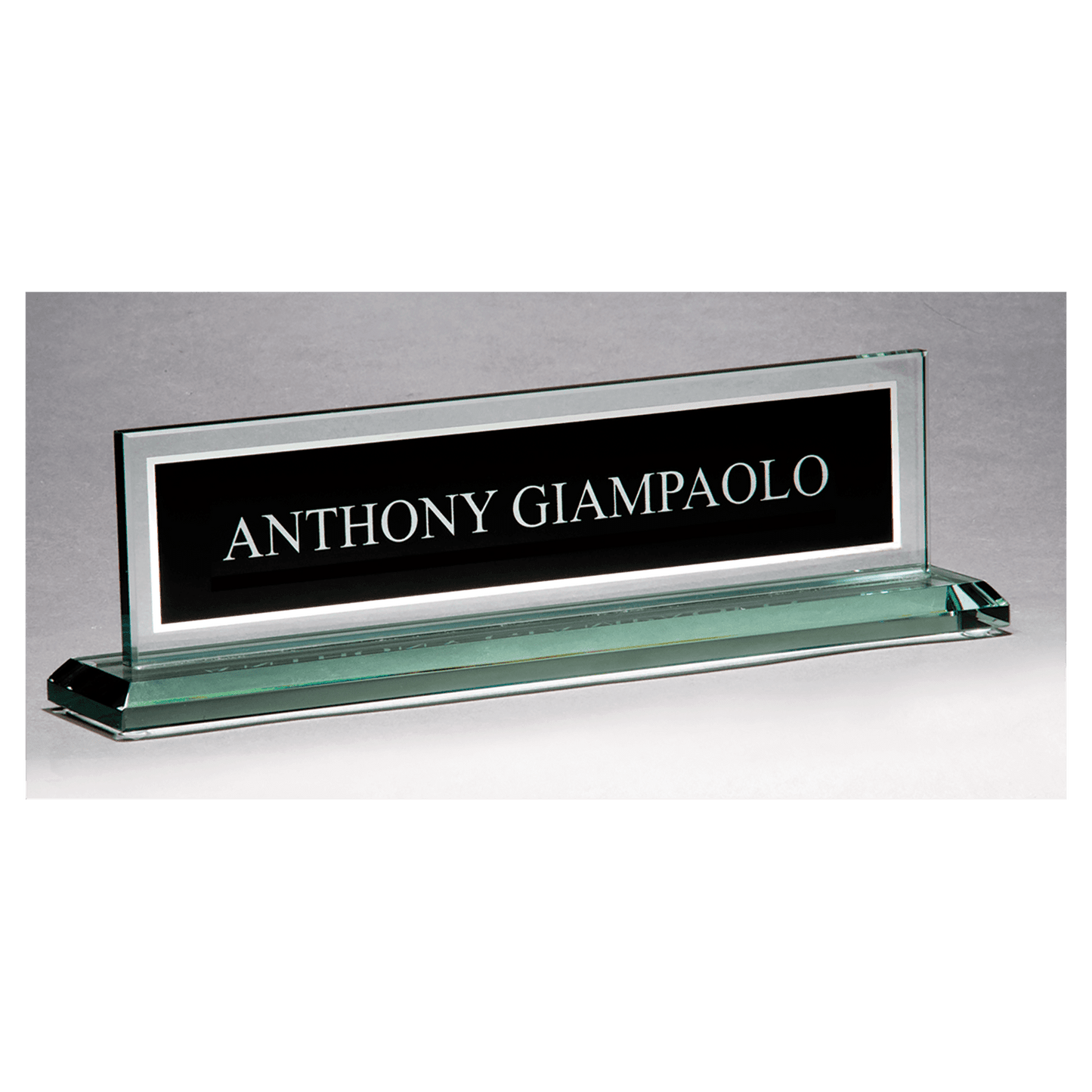 10" x 2 3/4" Glass Name Plate w/Black Silkscreened Engraving Area, Mirror Border