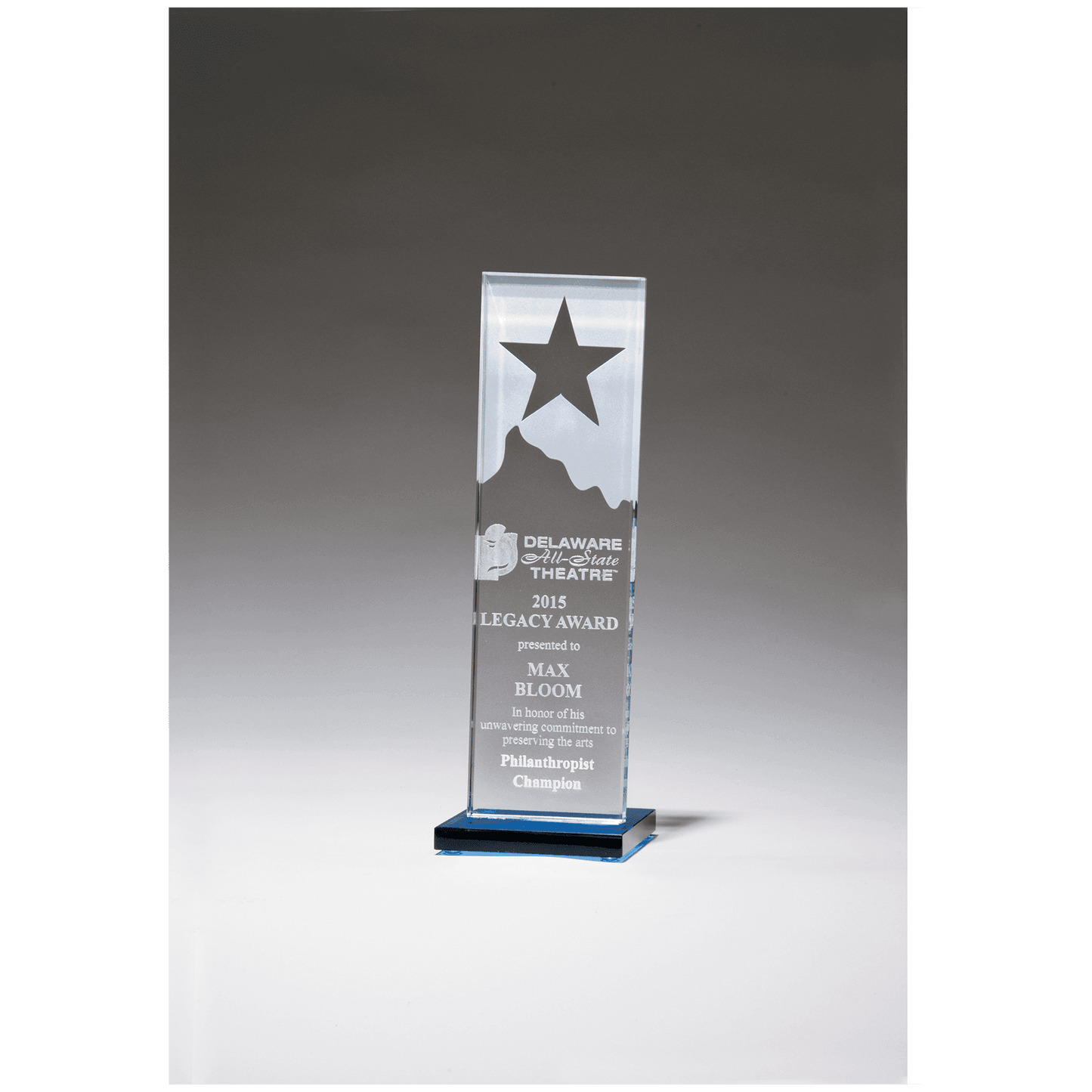 3 1/8" x 9 1/4" Etched Clear Glass Award with Star and Mountain Peak on Blue Glass Base
