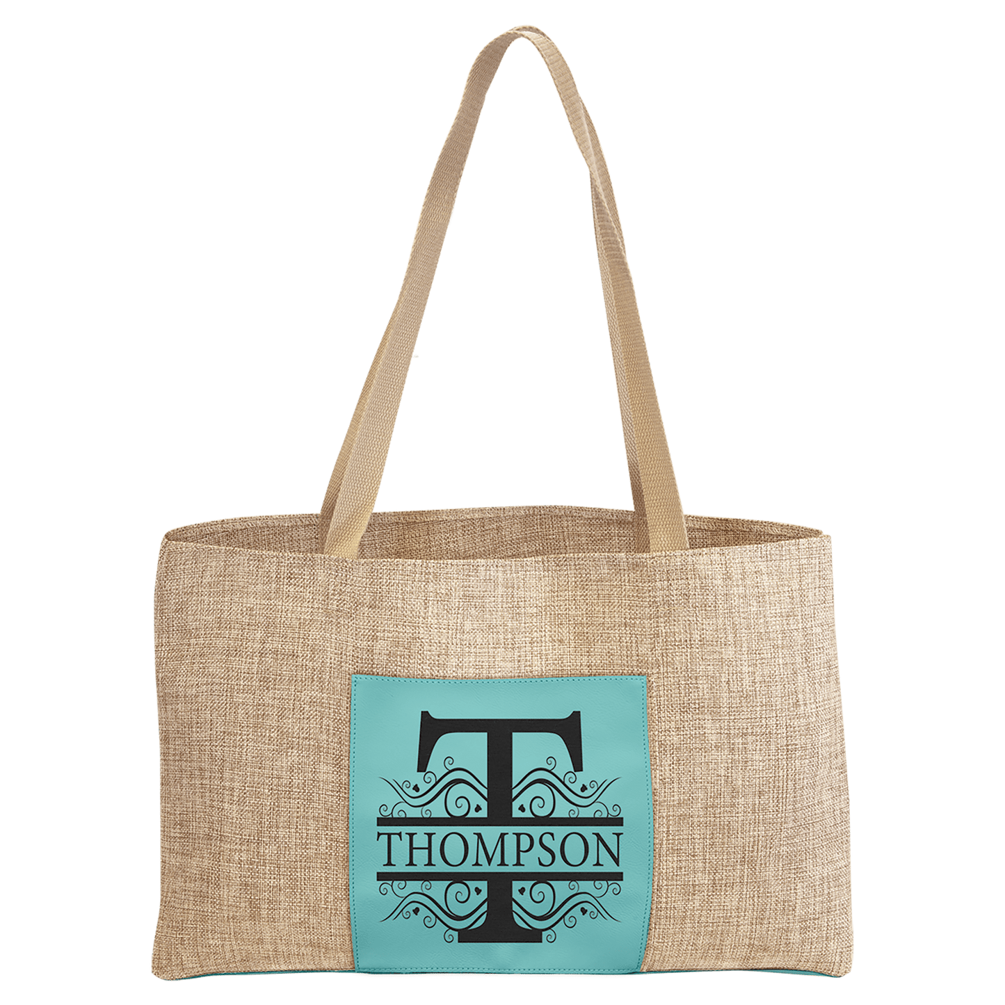 Teal 19" x 12" Burlap Bag with 5" Laserable Leatherette Gusset