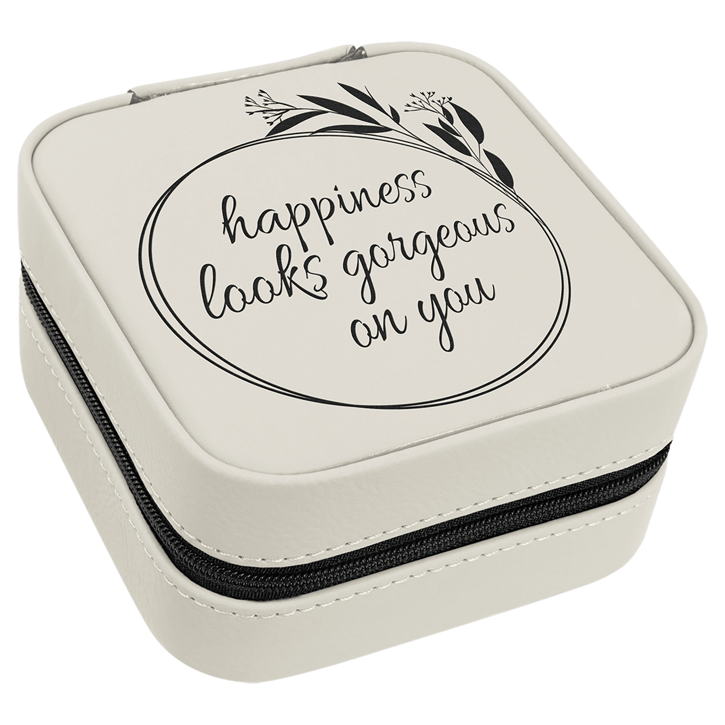 White/Black 4" X 4" Laserable Leatherette Travel Jewelry Box with Black Lining