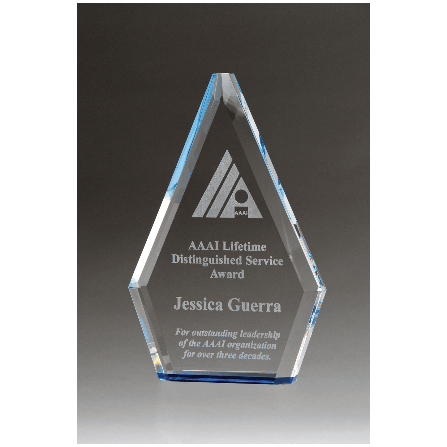 5 1/2" x 8" Flame Series Clear Crystal Award with Blue Accen ted Bottom
