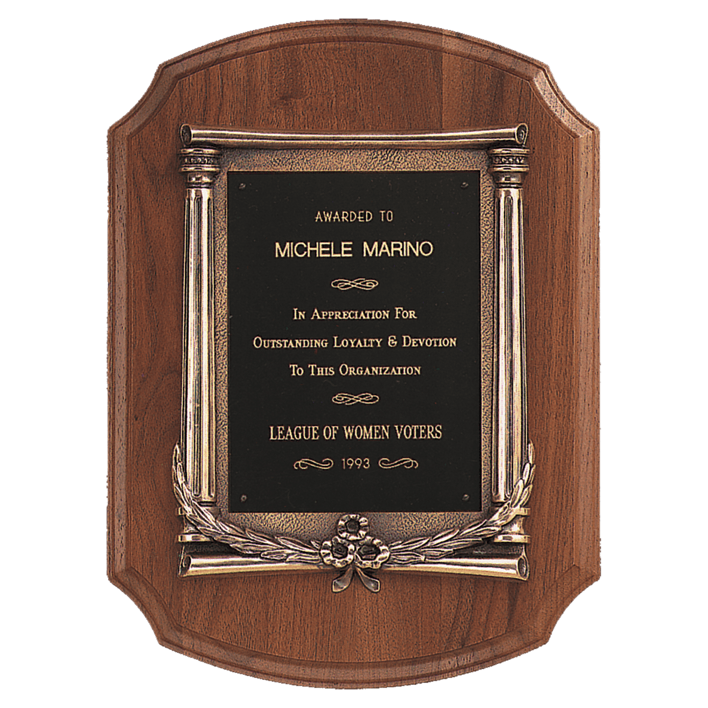 Walnut Notch Corner Plaque w/Antique Bronze Frame/Black Brass 11" x 15" American Plate