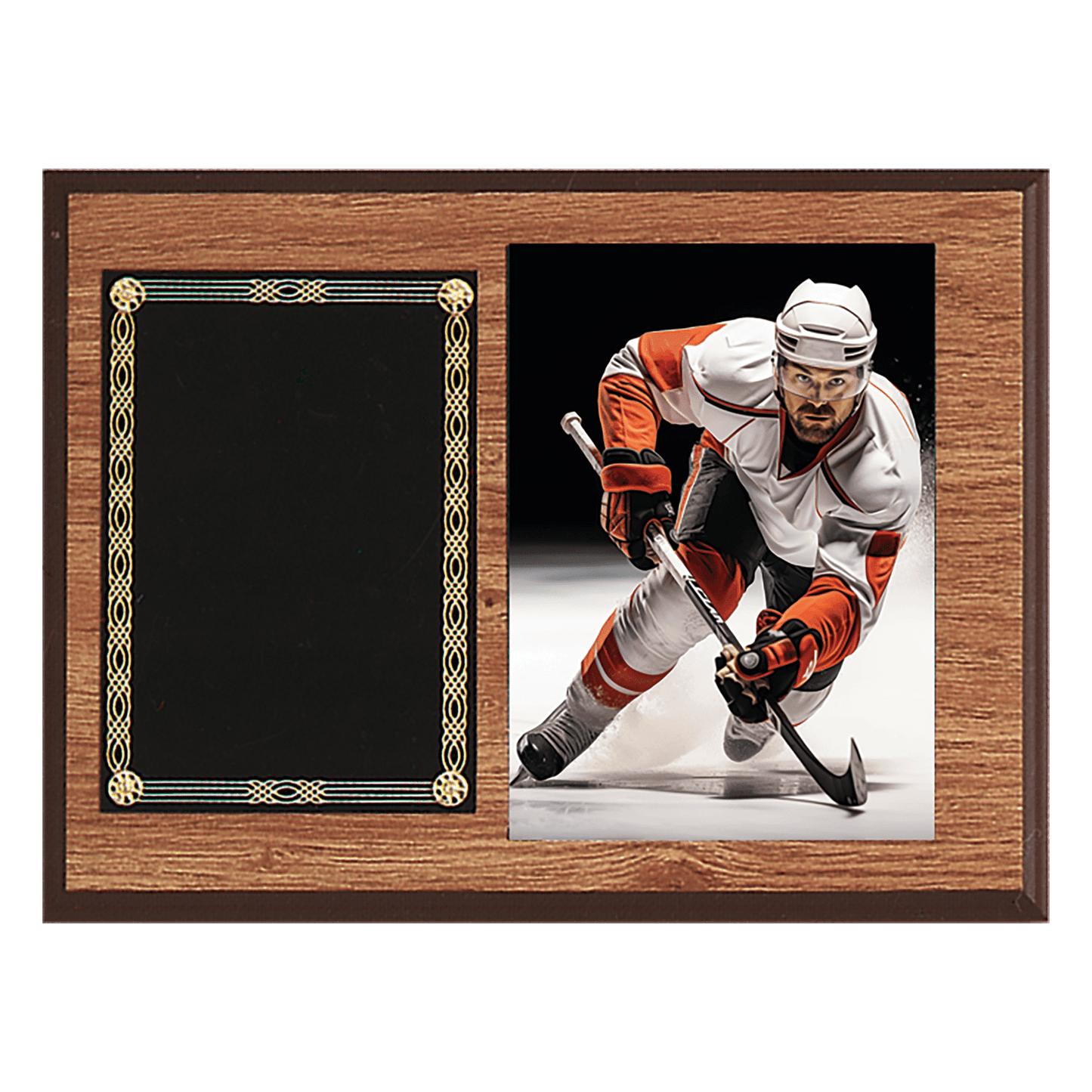 Oak Finish Photo Plaque with Black Brass 2 9" x 12" American Plates-Photo Size 5" x 7"
