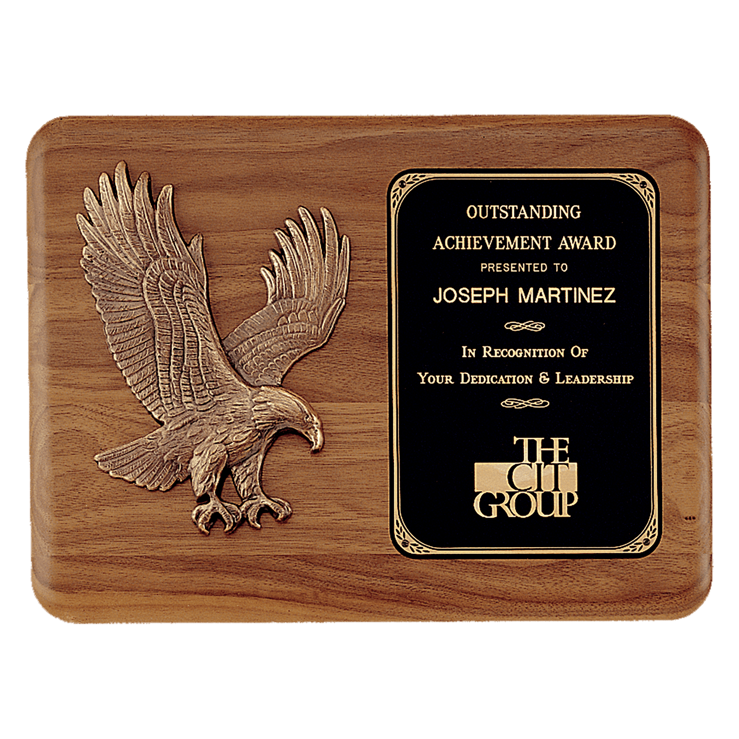 15" x 11" Solid American Walnut Plaque with Sculptured Relief Eagle Casting and Laser Engravable Black Brass Plate
