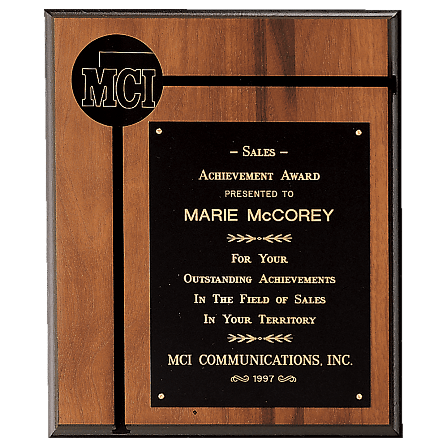 12" x 14" American Walnut Routed Plaque w/Black Brass Plate and 2 1/2" Black Brass Disc