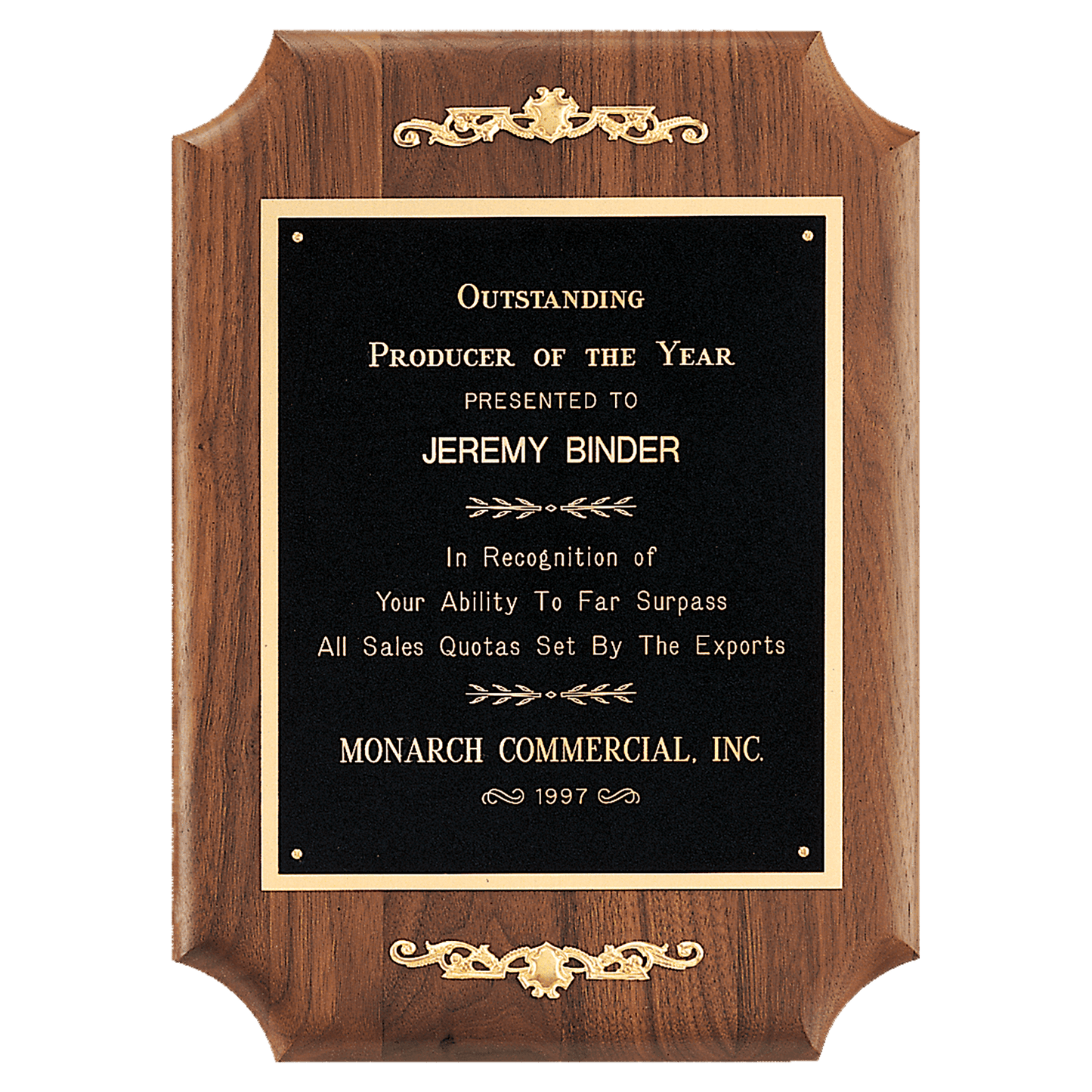 11" x 15" American Walnut Scalloped Corner Plaque with Decorative Gold Scrolls and Gold Border Black Laser Engravable Plate