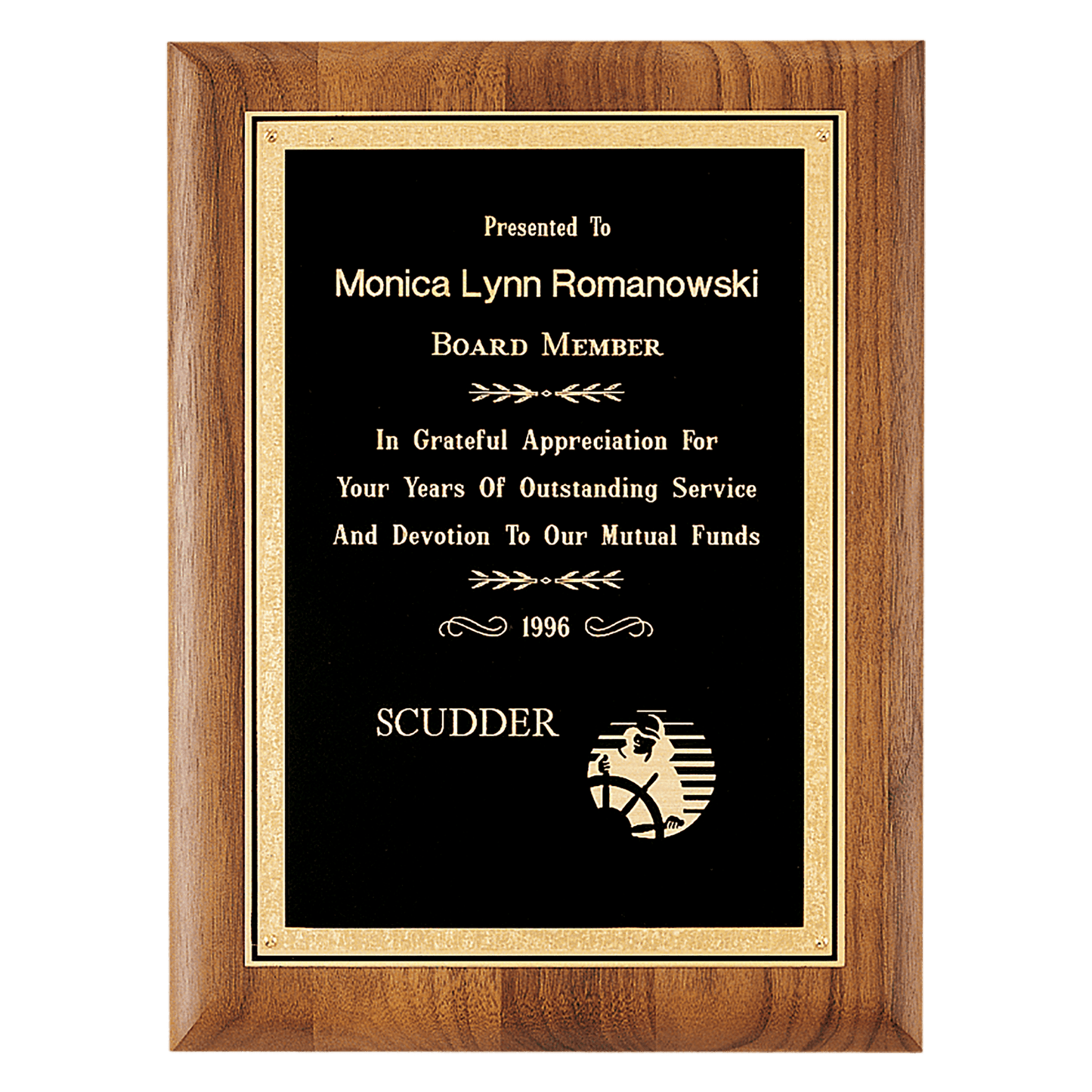 7" x 9" Coventry Series American Walnut Plaque with Gold Florentine Border Textured Black LaserFX Plate