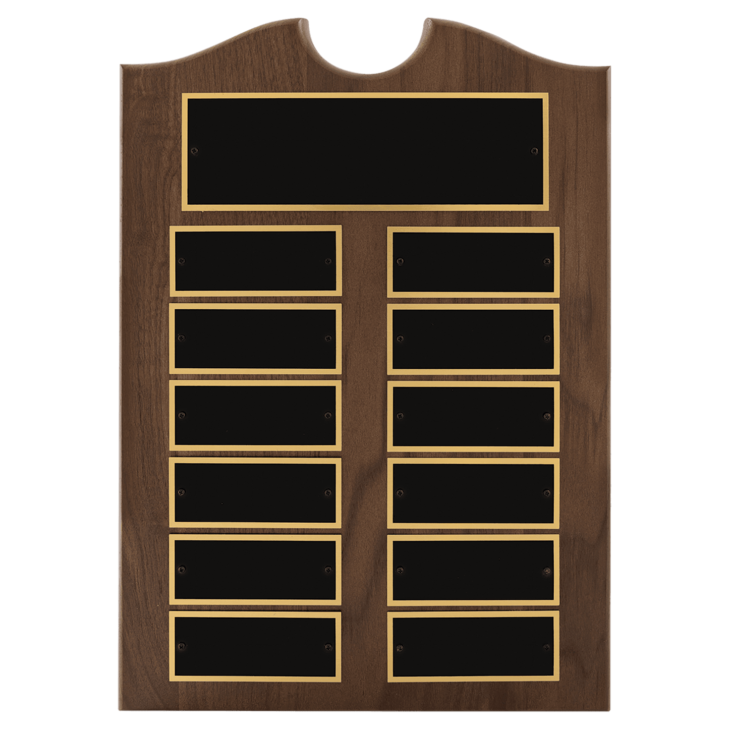 Walnut 12 Plate Perpetual Plaque with Black Brass 2 11" x 15"/Plates 1 1/2" x 3 3/4" American Plates