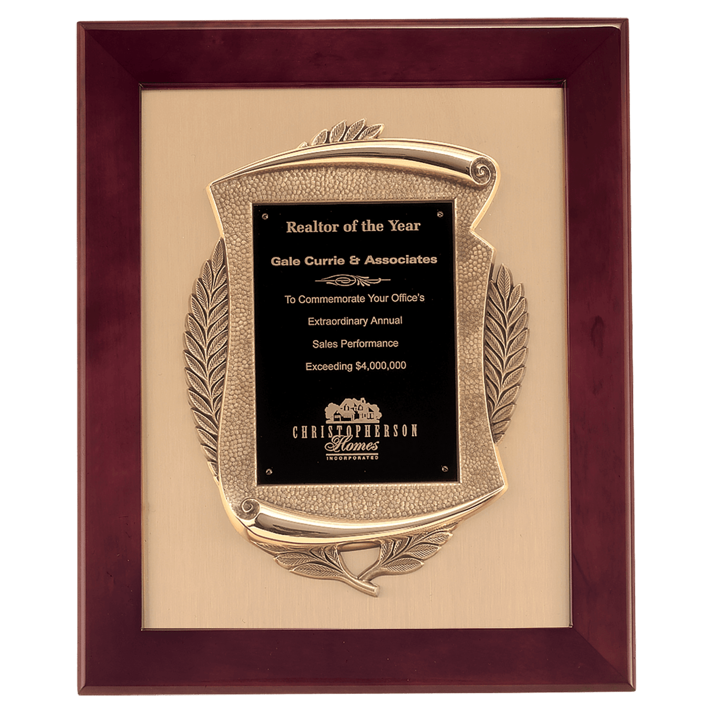 14" x 17" Rosewood Piano Finish Frame with Antique Bronze Casting with Black LaserFX Plate on Brushed Gold Metal Background