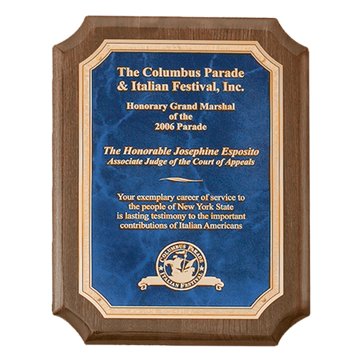 Walnut Piano Finish Plaque with Gold 2 8" x 10 1/2" Airflyte Premium Florentine Border Sapphire Marble LaserFX Plate