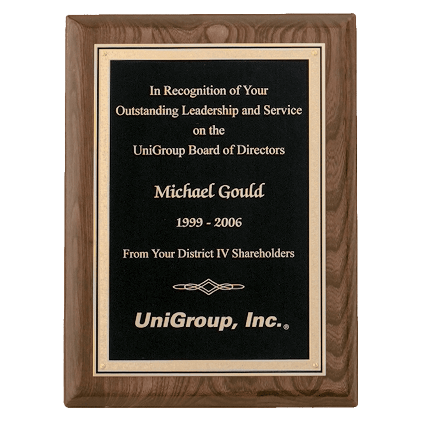 Walnut Piano Finish Plaque with Textured Black/Gold 8" x 10" Airflyte Florentine Border LaserFX Plate