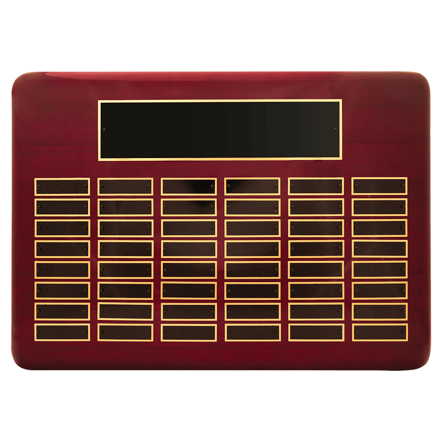 Rosewood Piano Finish 48 Plate Perpetual Plaque with Black Brass 15" x 21"/Plates 7/8" x 2 3/4" Plates