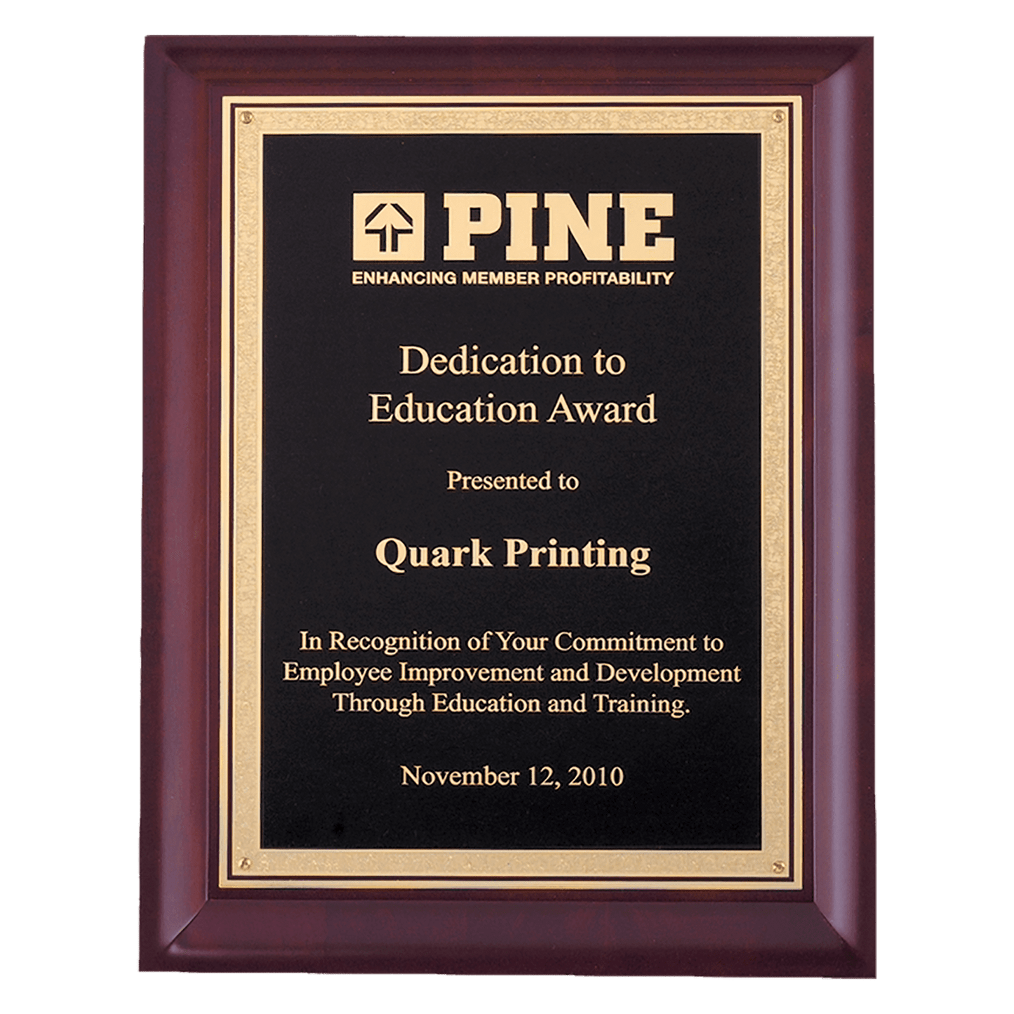 Hand Rubbed Cherry Finish Plaque with Gold Florentine Border Black LaserFX Plate