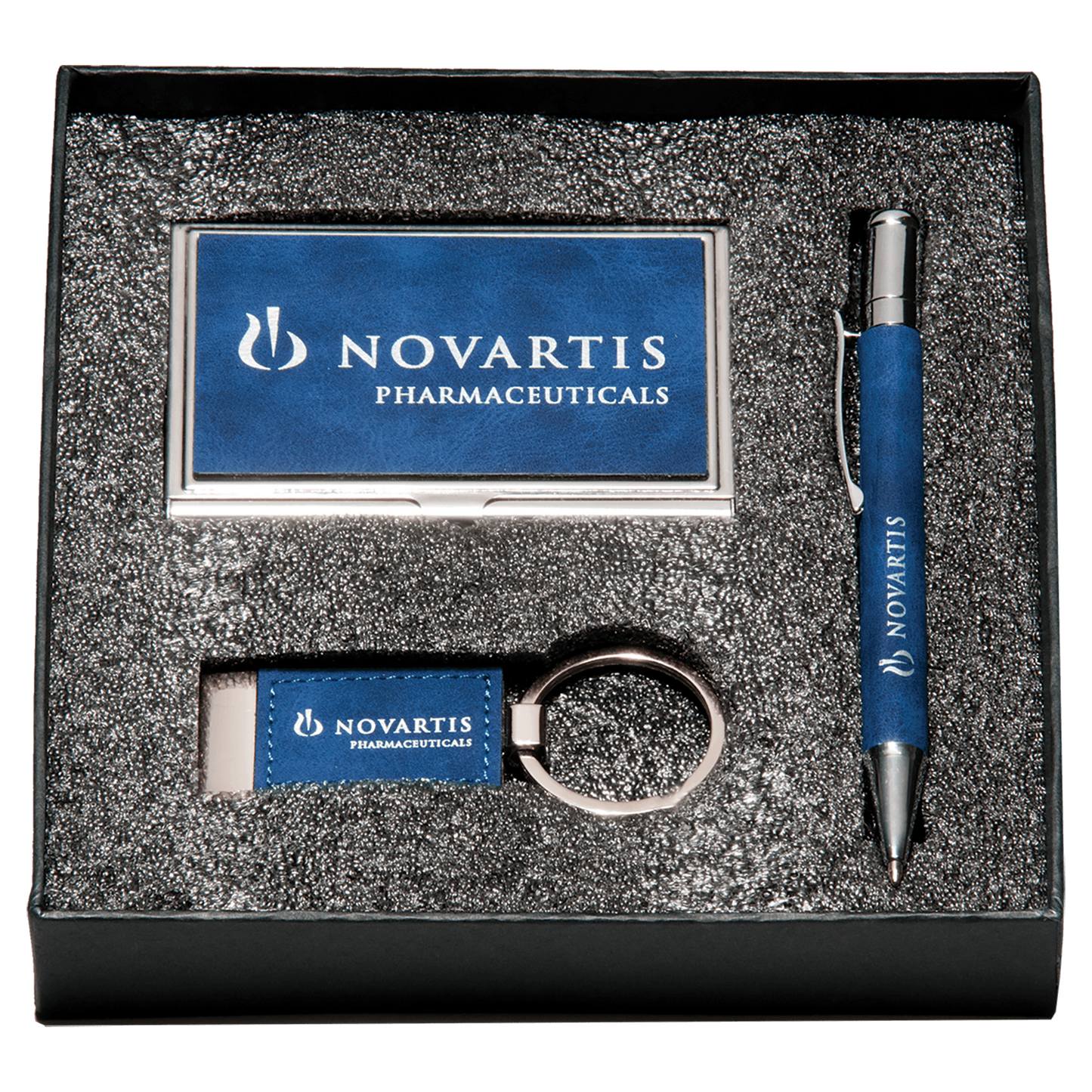 Blue Marbleized Leather Gift Set/Pen, Keychain, Business Card Holder