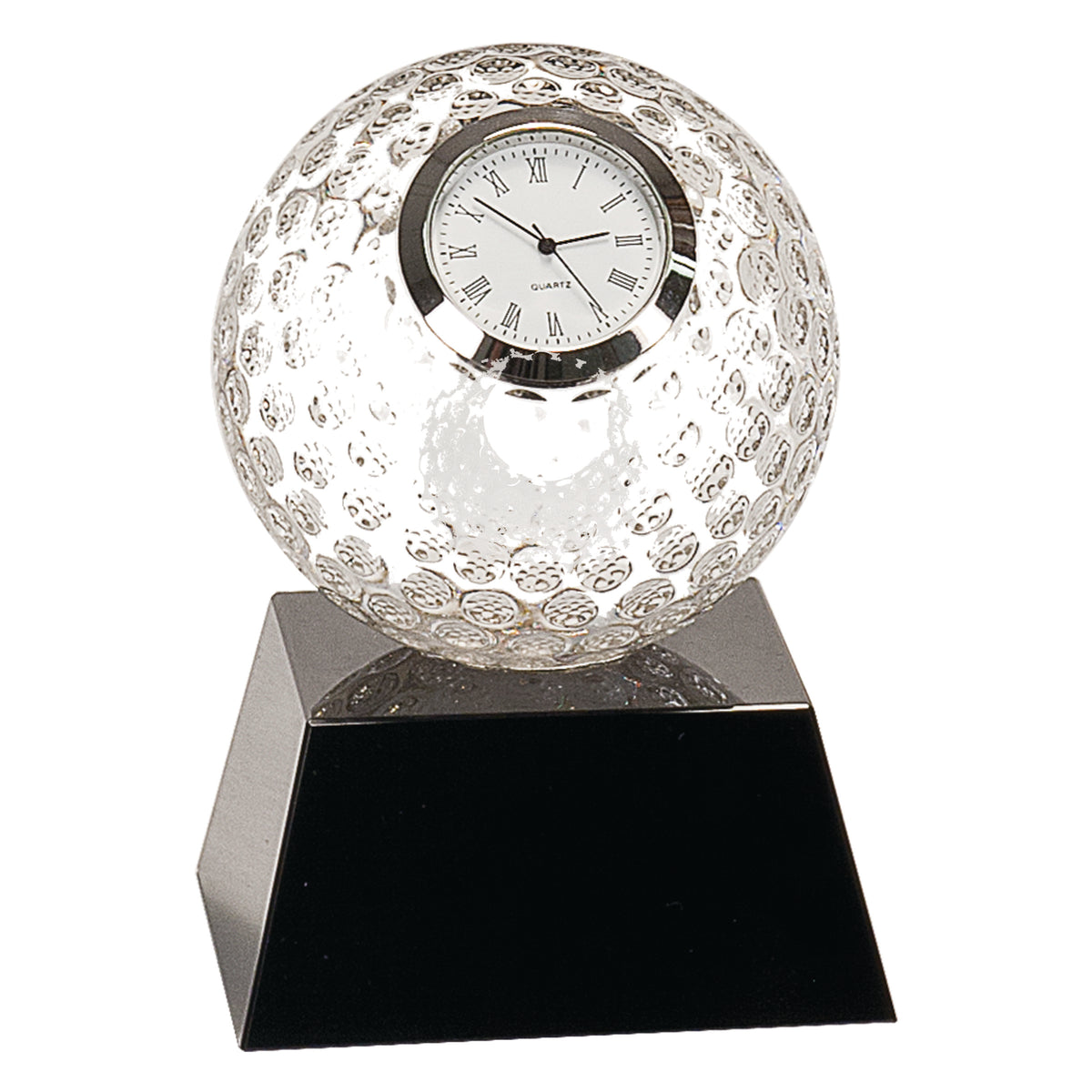 Clear Crystal Golf Ball Clock with Black Pedestal Base- 5"