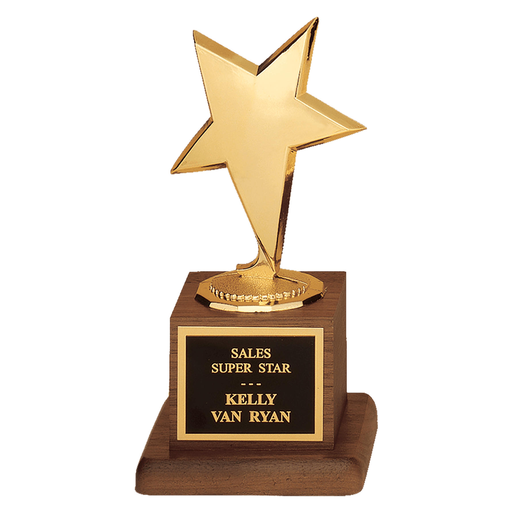 3 1/2" x 6 3/4" Modern Star Casting in Goldtone Finish on Walnut Finish Base with Black Laserable Plate