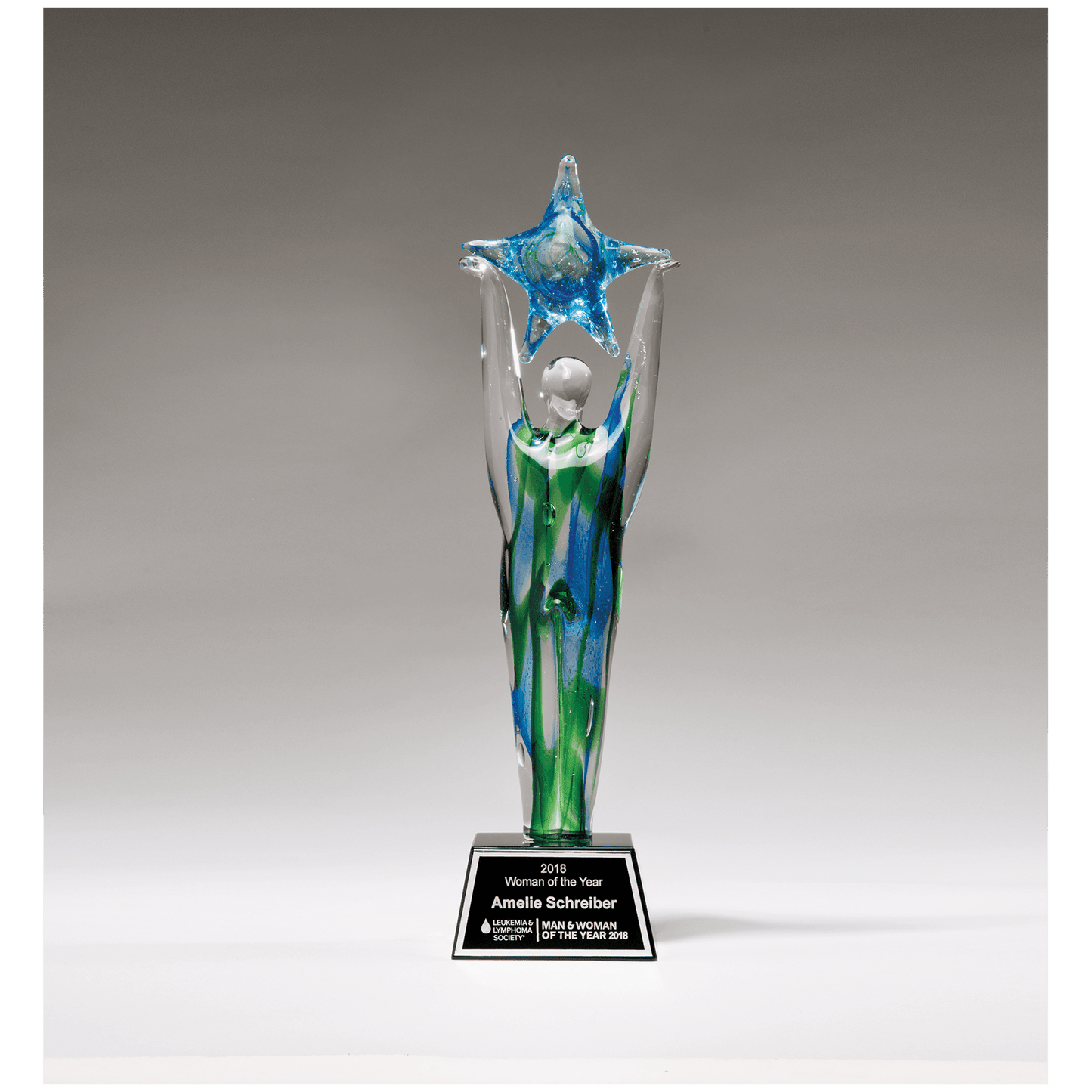 11 1/2" Star Achiever Art Glass on Clear Glass Base with Black Laserable Aluminum Plate
