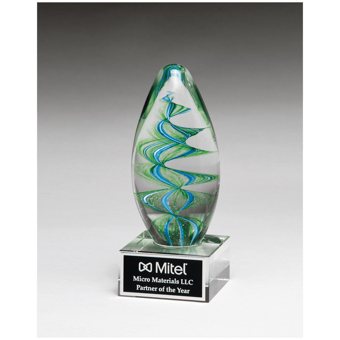 Blue and Green Helix Egg Shaped Art Glass on Clear Glass Base with Black 6 1/2" Laserable Aluminum Plate