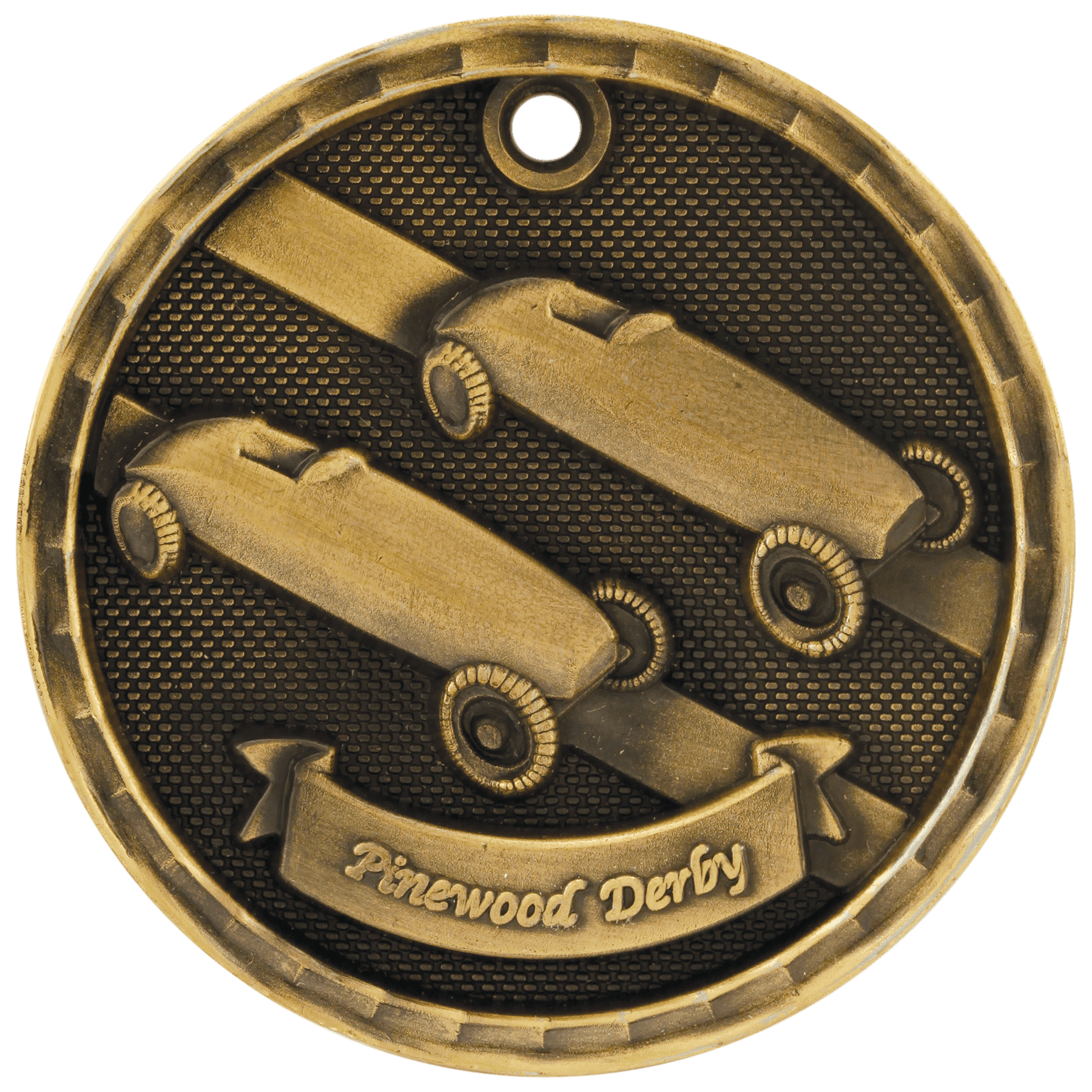 Antique Gold 2" 3D Pinewood Derby Medal