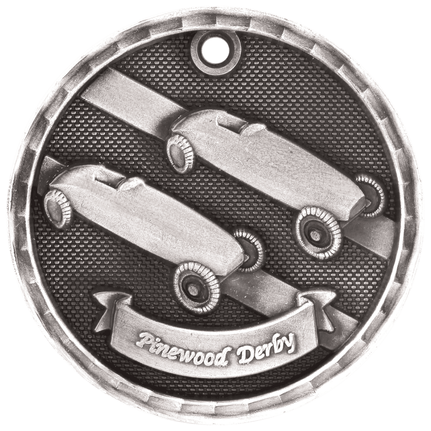 Antique Silver 2" 3D Pinewood Derby Medal