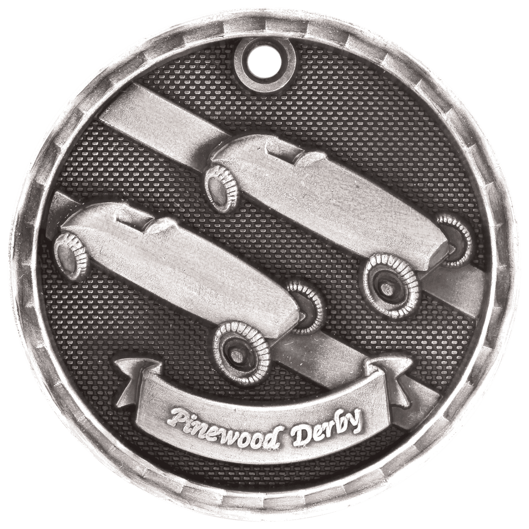 Antique Silver 2" 3D Pinewood Derby Medal