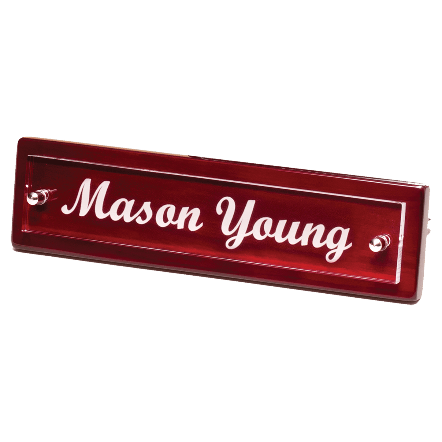 Rosewood Piano Finish Nameplate with Acrylic Engraving Plate, Two Silver 9 1/4" x 2 1/8" Posts