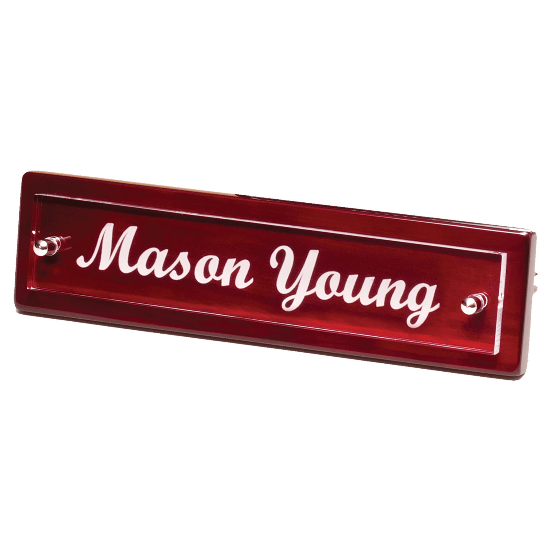 Rosewood Piano Finish Nameplate with Acrylic Engraving Plate, Two Silver 9 1/4" x 2 1/8" Posts
