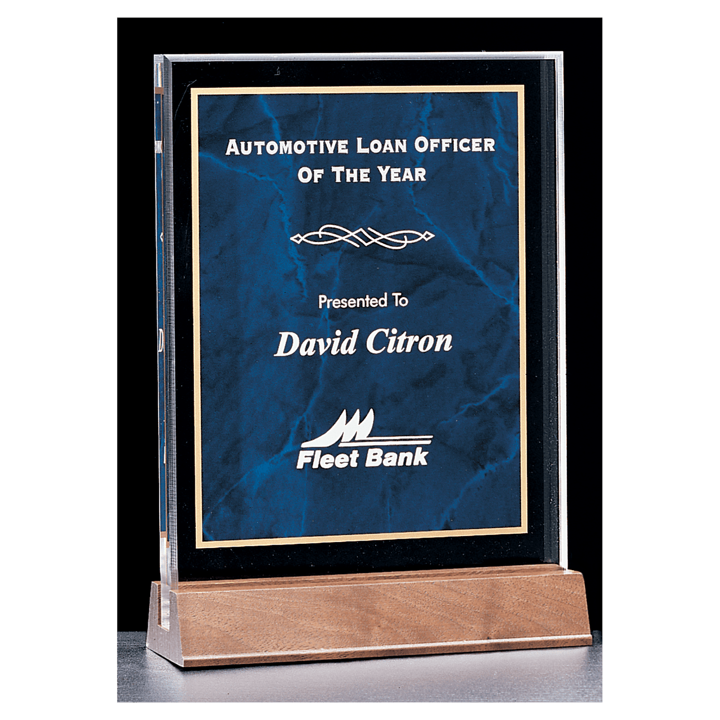 7" x 9 5/8" Sapphire Marble Acrylic Award with American Walnut Base