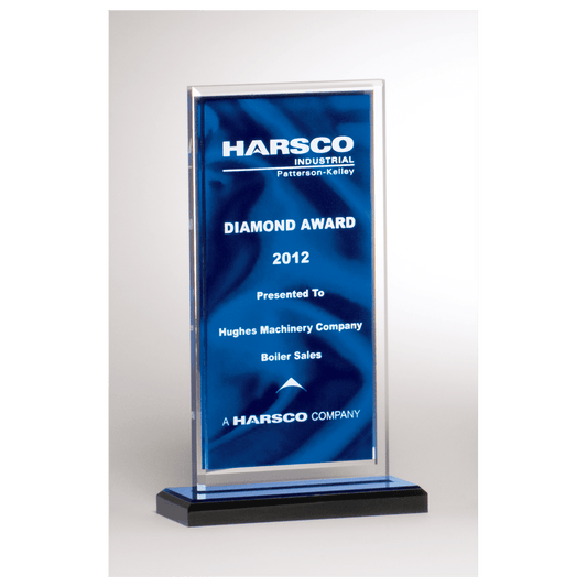 5" x 6 1/2" Dark Blue Draped Satin Patterned Acrylic with Silver Mirror Border, Black with Blue Top Base
