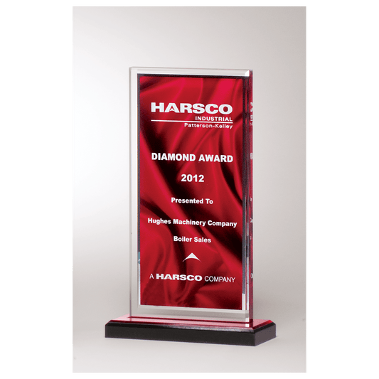 5 x 6 1/2" Deep Red Draped Satin Patterned Acrylic with Silver Mirror Border, Black with Red Top Base