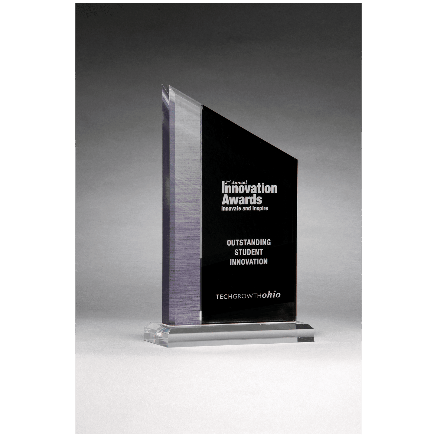 6" x 8" Digitally Printed Brushed Silver Accent on Black Upright Acrylic with Clear Base