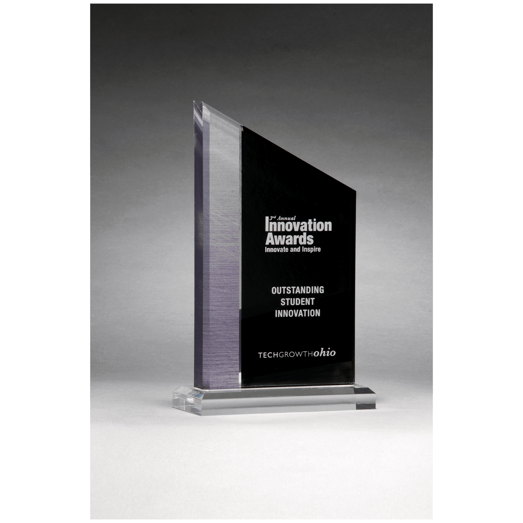 6" x 10" Digitally Printed Brushed Silver Accent on Black Upright Acrylic with Clear Base