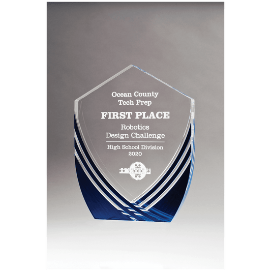 5 3/4" x 7 1/2" Shield Series Clear Acrylic with Polished Score Lines and Blue Metallic Accent