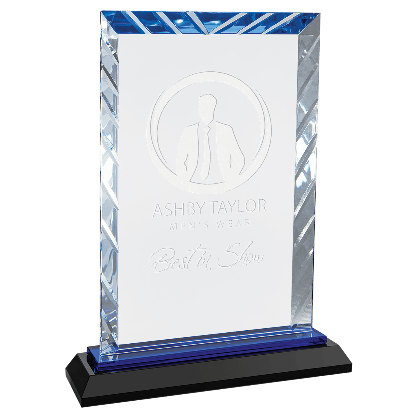 8" Clear Rectangle Accent Glass on Black and Blue Reflective Base