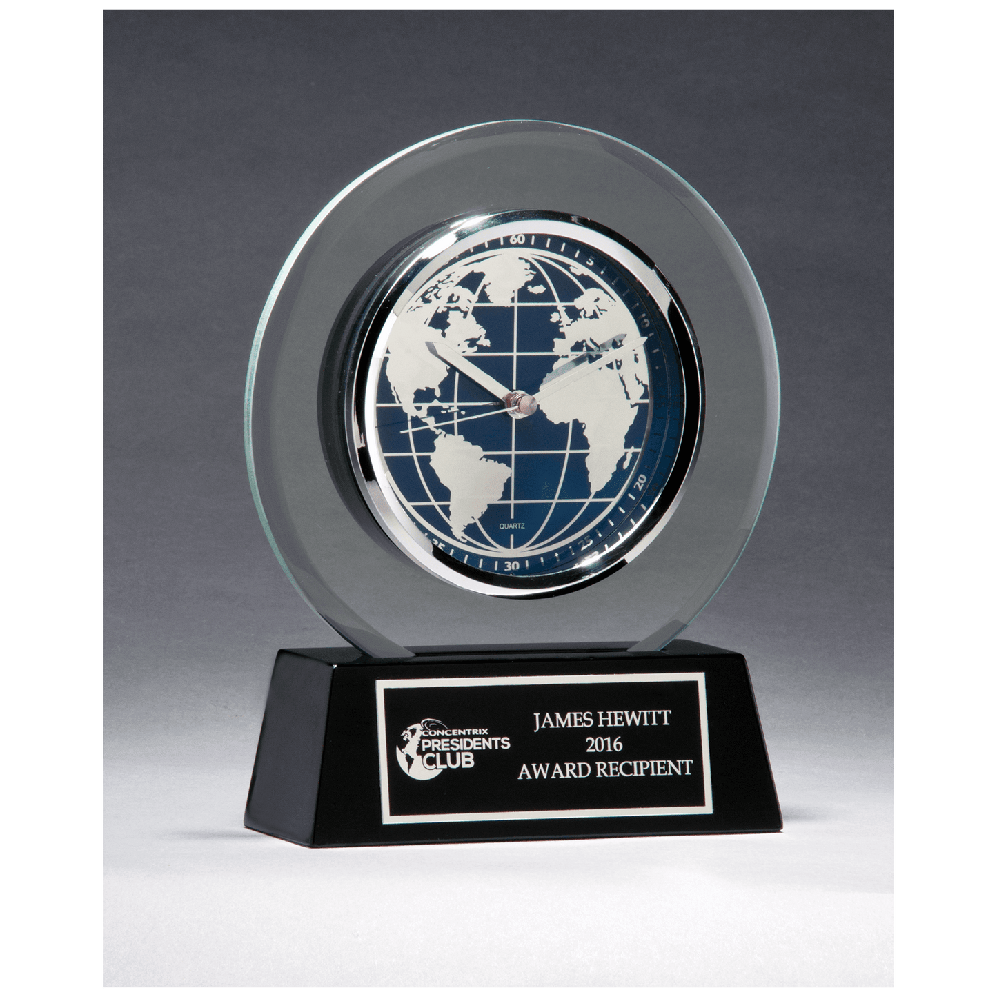 7 1/4" x  8 3/4" Glass Clock with World Dial on Black High Gloss Base, Black Plate