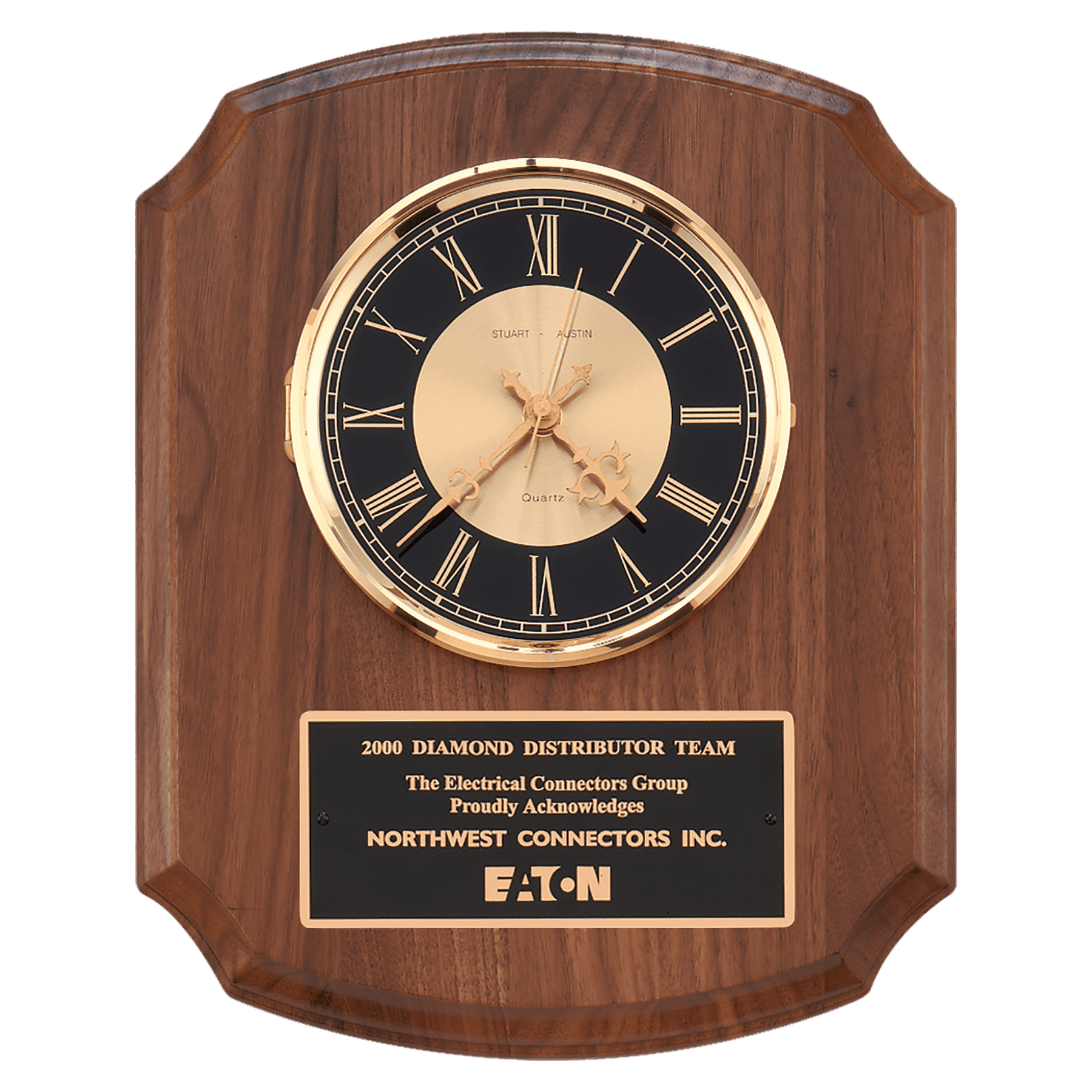 10 1/2" x 13" Walnut Quartz Clock, Brass Diamond Spun Bezel, Glass Lens, Black & Gold Dial