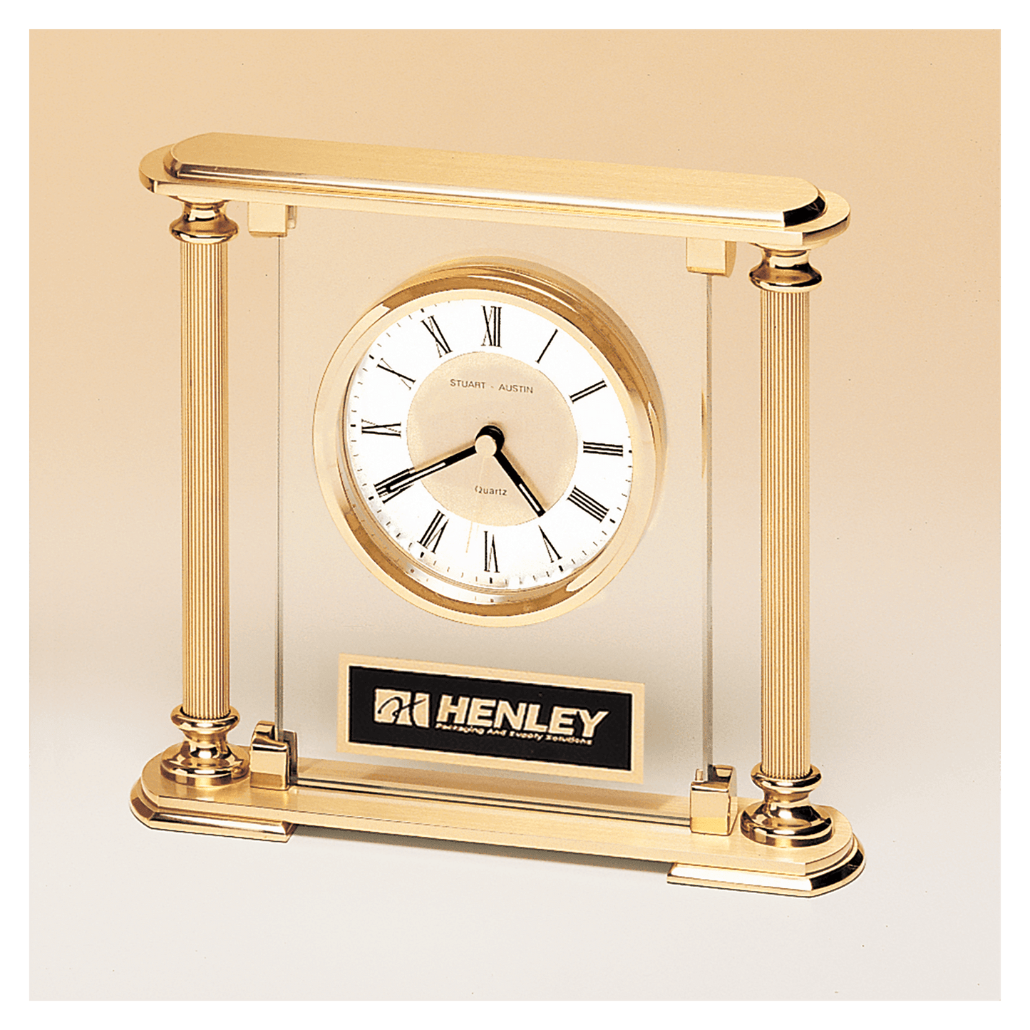 6 5/8" x 7 1/4" Glass Upright with Feet & Top, Metal Goldtone Columns, Diamond Spun Dial, 3 Hands with Black Plate