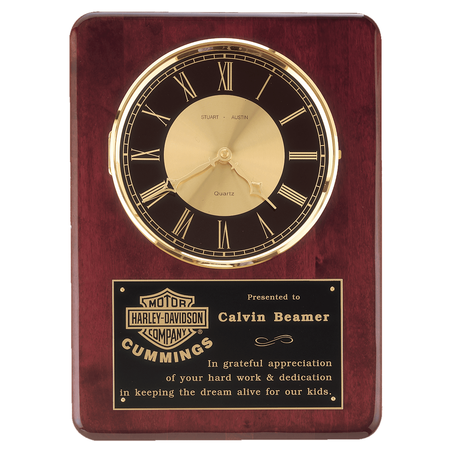 12" x 15" Rosewood Piano Finish Clock, Brass Bezel with Glass Lens, Black/Gold Dial with Black Plate