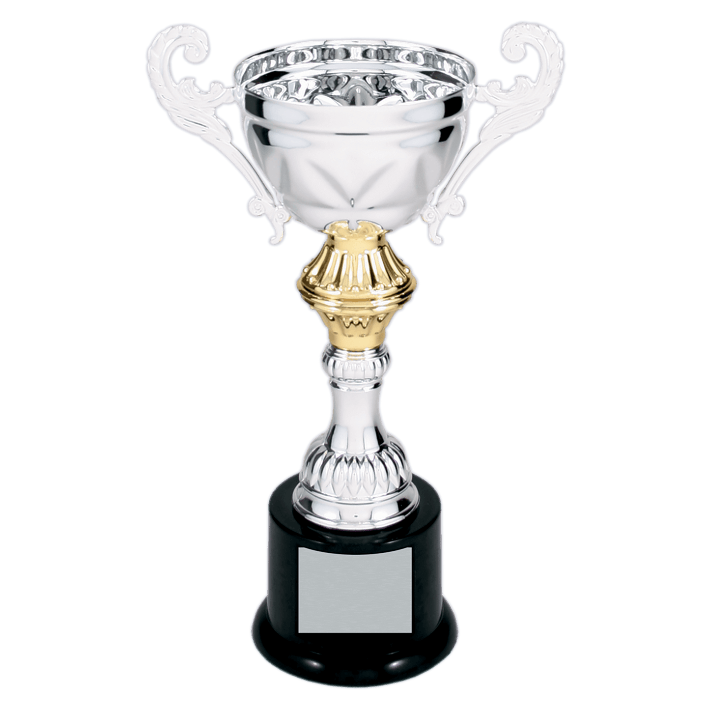 Silver 8 3/4" Completed Metal Cup Trophy on Plastic Base