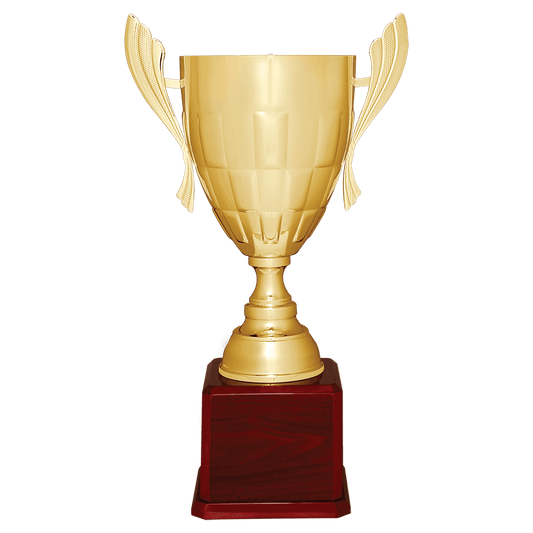 Gold Completed Metal Cup Trophy on Rosewood Royal 26 1/2" Piano Finish Base