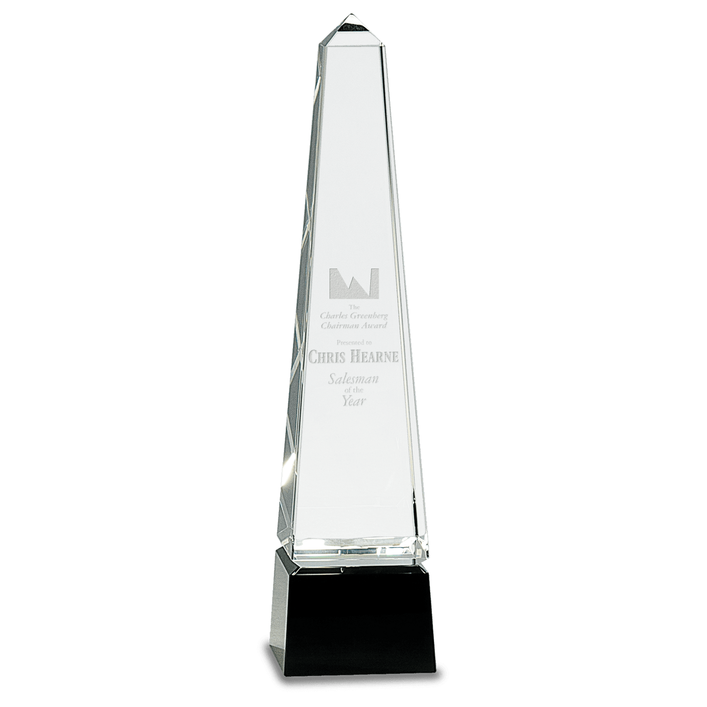12" Obelisk Crystal on Black Pedestal Base