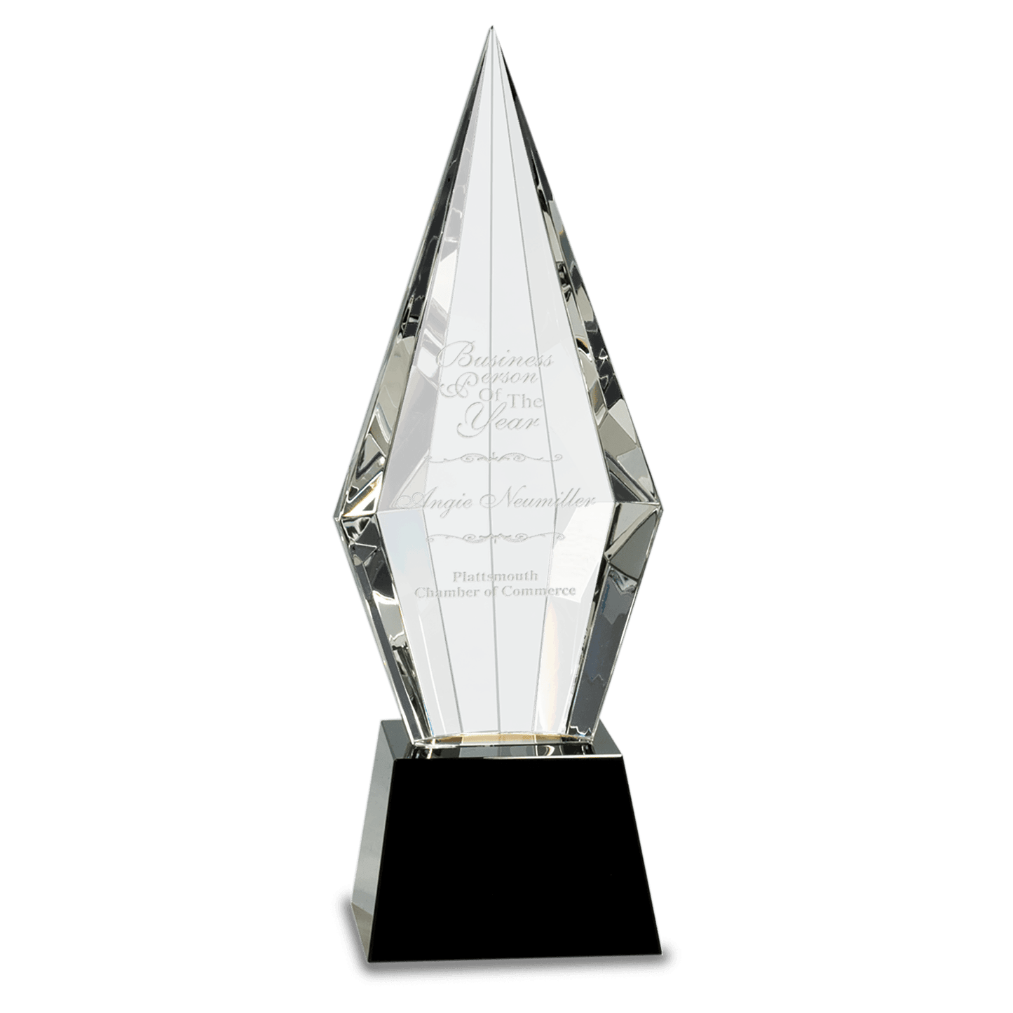 11" Obelisk Facet Crystal on Black Pedestal Base